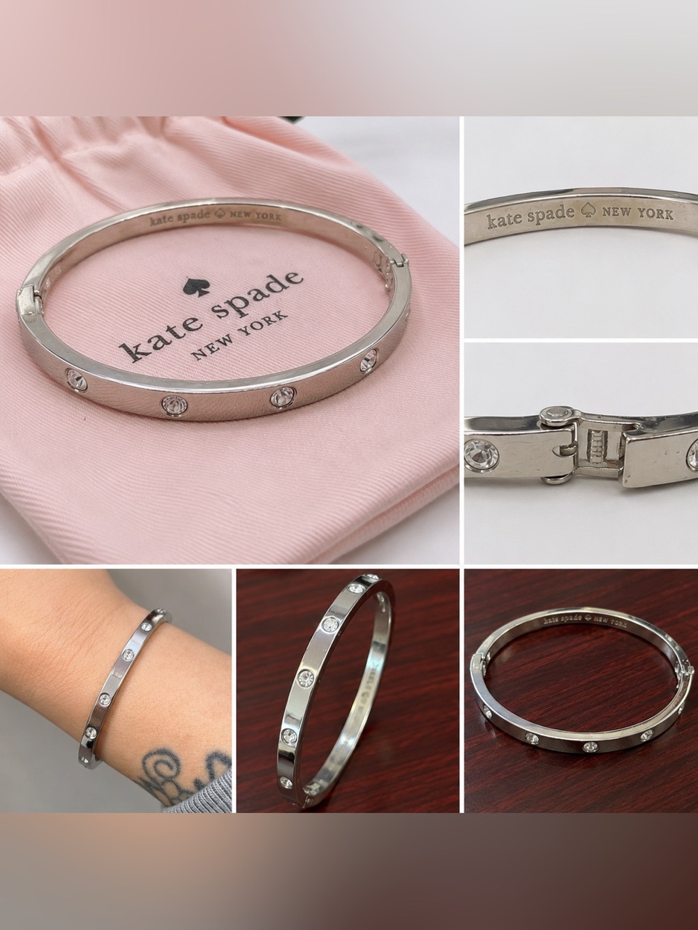 Kate Spade New York Silver Crystal Bangle Bracelet Rhinestone Hinged Cuff